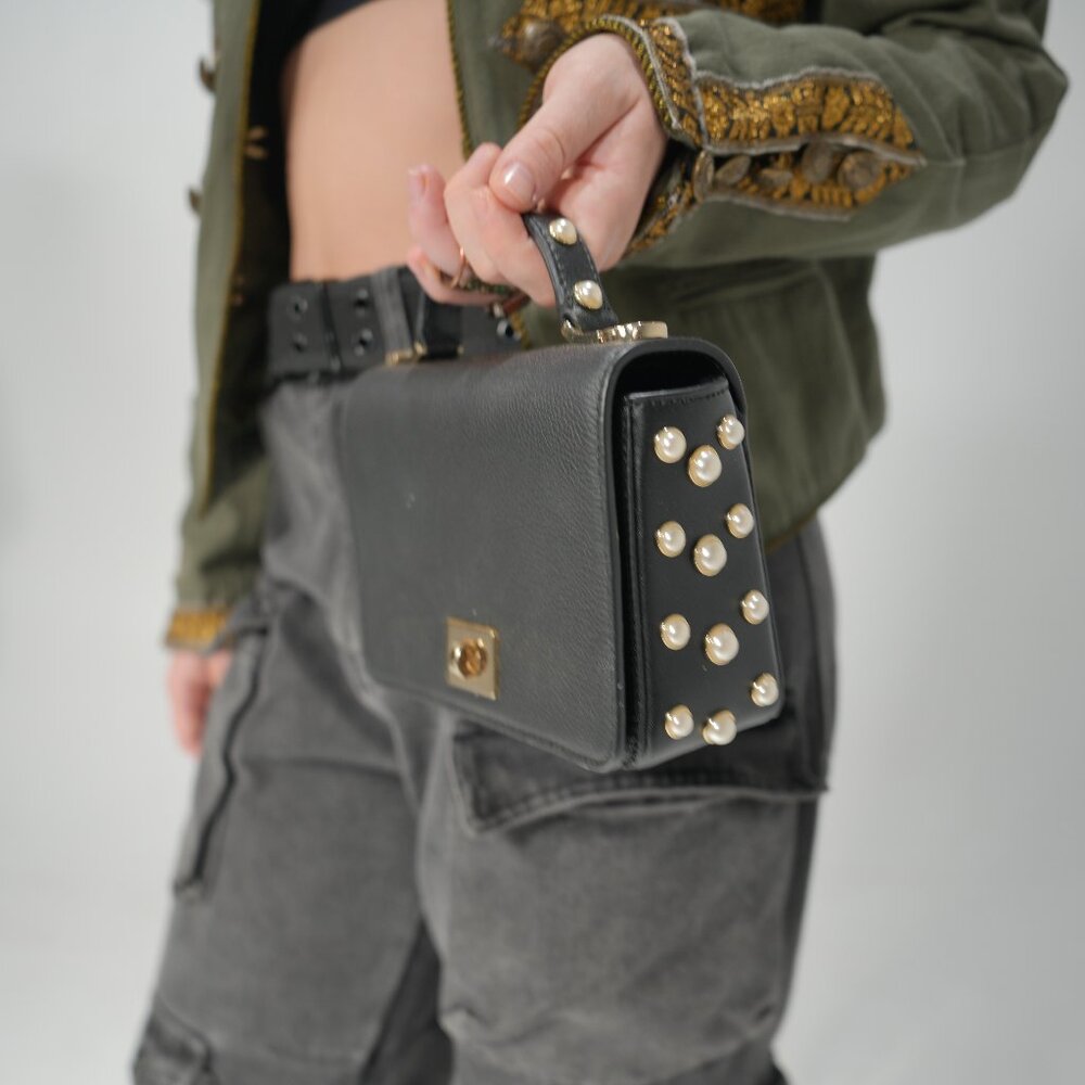 Kate Spade Black Leather & Pearl Studded Mini Shoulder Purse